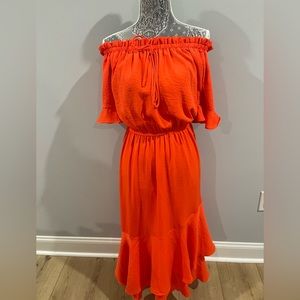 Never worn before! Coral off the shoulder maxi dress